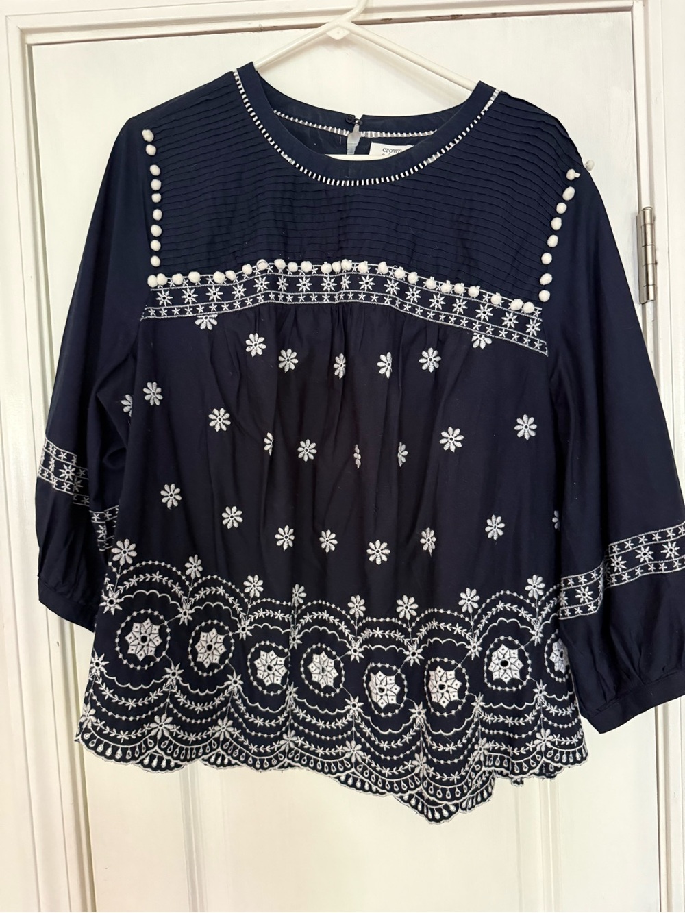 crown & ivy Navy Blue Embroidered Peasant Blouse